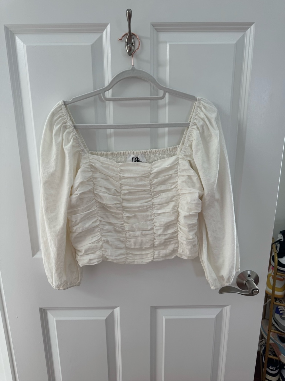 South Moon Under Cream Ruched Square-Neck Puff Sleeve Top